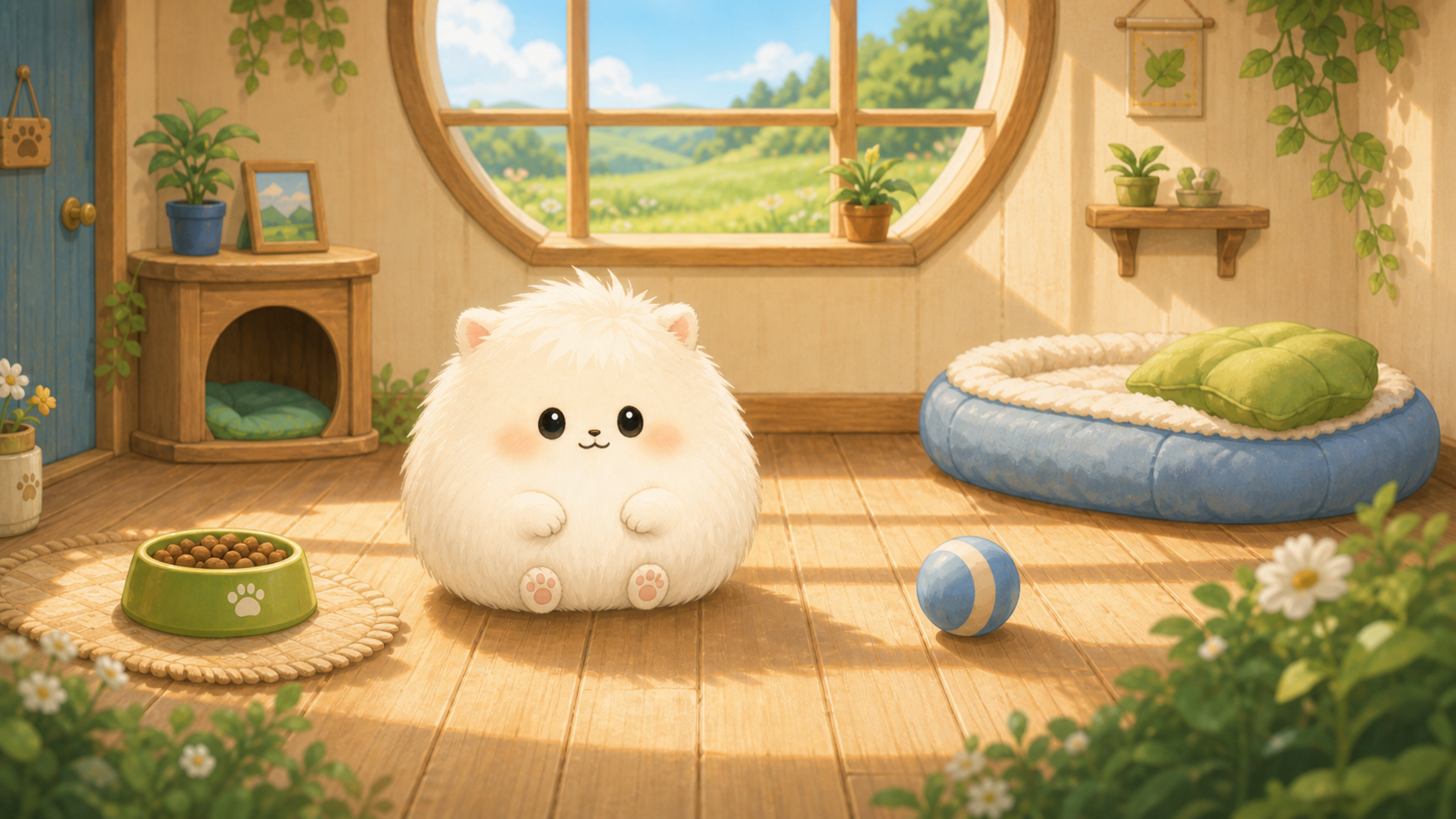 Mofumaro, a digital creature living in a sunlit room