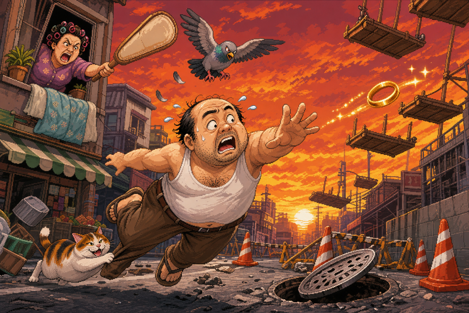 Pixel-art key visual: a man chasing his flying wedding ring while a futon-beating lady, pigeons and a cat close in